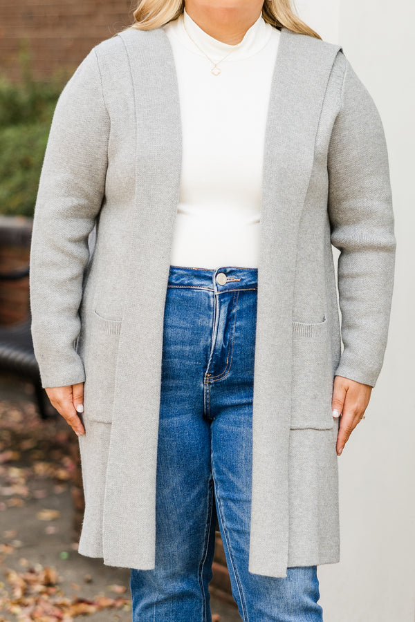 Chic Soul plus size clothing, long-sleeve gray mid-thigh-length cardigan with pockets and hoodie