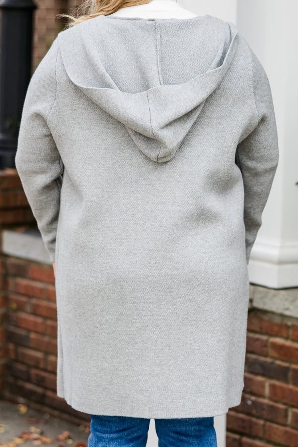 Chic Soul plus size clothing, long-sleeve gray mid-thigh-length cardigan with pockets and hoodie