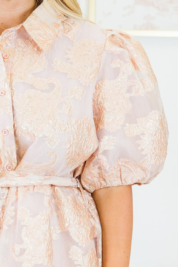 Chic Soul plus size clothing, pink flowy collared dress with rose gold jacquard paisley pattern and puff sleeves with a tie at the waist