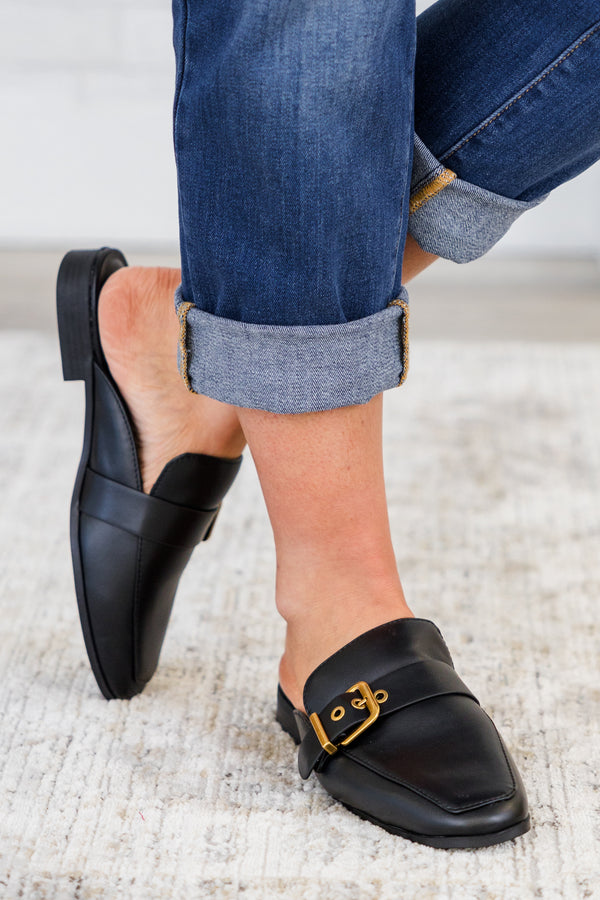 Chic Soul plus size clothing, black faux leather slip-on backless mule shoes with a rusted gold thick buckle along the top and a square-toe