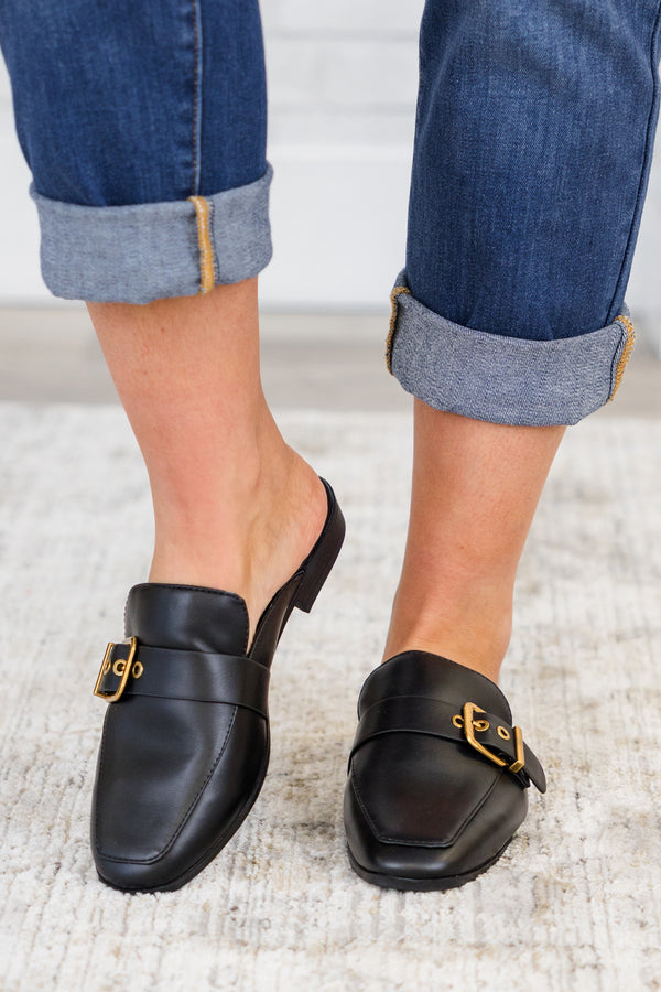 Chic Soul plus size clothing, black faux leather slip-on backless mule shoes with a rusted gold thick buckle along the top and a square-toe
