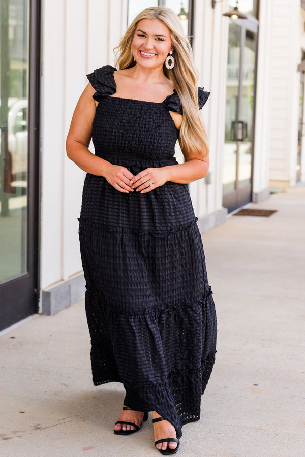 Chic Soul plus size clothing, black ruffled maxi dress with ruffled straps and smocked bodice 
