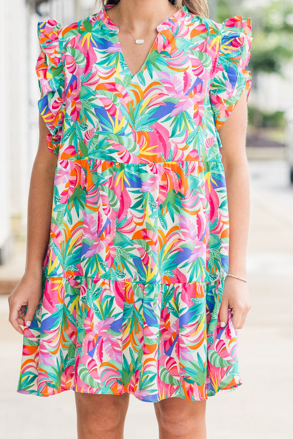 Chic Soul plus size clothing, short sleeve multicolored tropical print mini dress with v neckline and ruffle flare sleeves