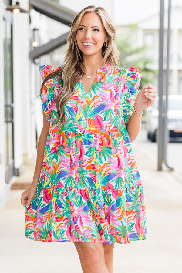 Chic Soul plus size clothing, short sleeve multicolored tropical print mini dress with v neckline and ruffle flare sleeves