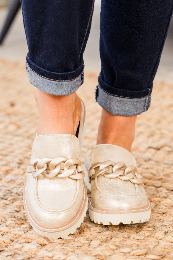 Chic Soul plus size clothing, gold platform mules with gold chain on top with rounded toe