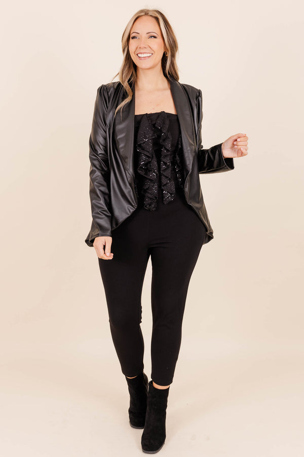 Chic Soul plus size clothing, black glitter and vertical ruffle crop top