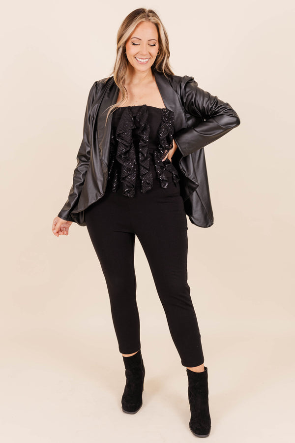 Chic Soul plus size clothing, black glitter and vertical ruffle crop top