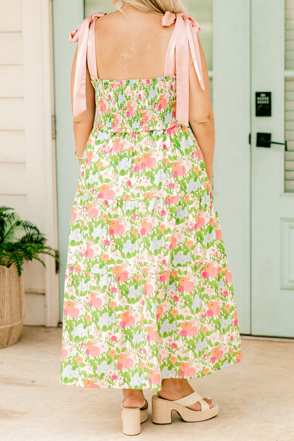 Chic Soul plus size clothing, green floral maxi dress with a slight v-neck and bows that tie for sleeves 