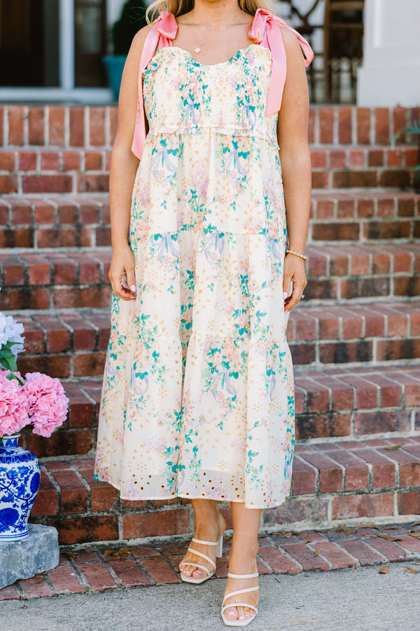 Chic Soul plus size clothing, pink sleeveless maxi dress with multi floral print with pink satin straps with smocked top and scoop neckline with tiered detail