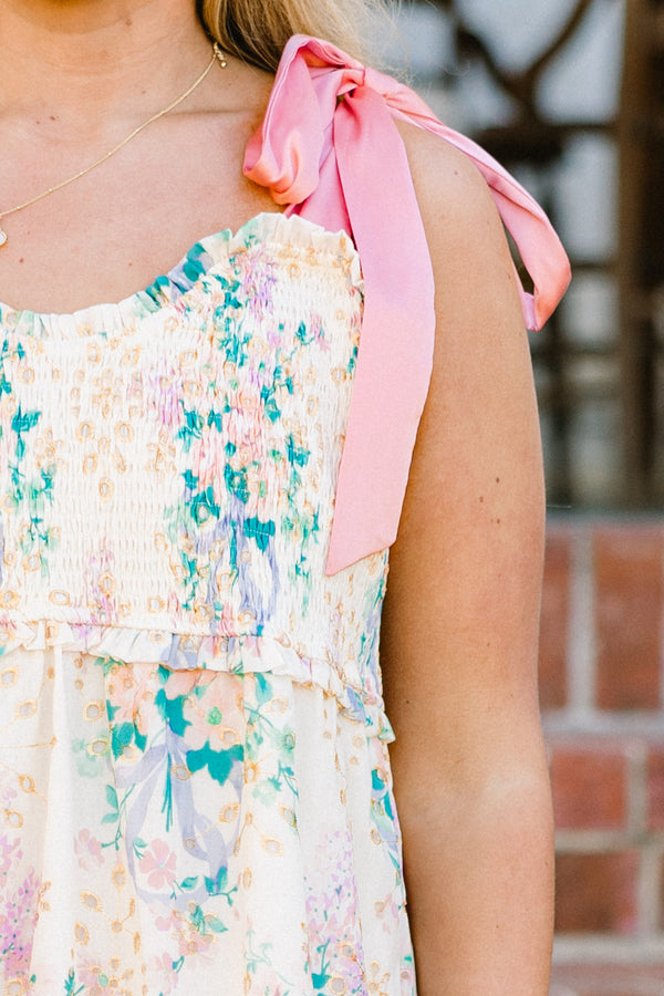 Chic Soul plus size clothing, pink sleeveless maxi dress with multi floral print with pink satin straps with smocked top and scoop neckline with tiered detail