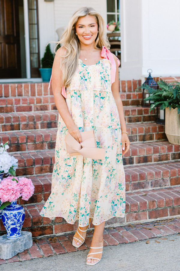 Chic Soul plus size clothing, pink sleeveless maxi dress with multi floral print with pink satin straps with smocked top and scoop neckline with tiered detail