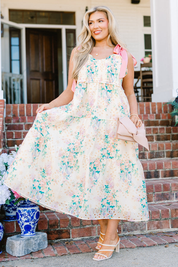Chic Soul plus size clothing, pink sleeveless maxi dress with multi floral print with pink satin straps with smocked top and scoop neckline with tiered detail