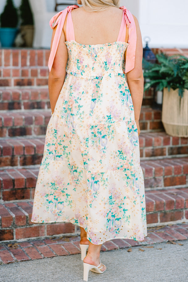 Chic Soul plus size clothing, pink sleeveless maxi dress with multi floral print with pink satin straps with smocked top and scoop neckline with tiered detail