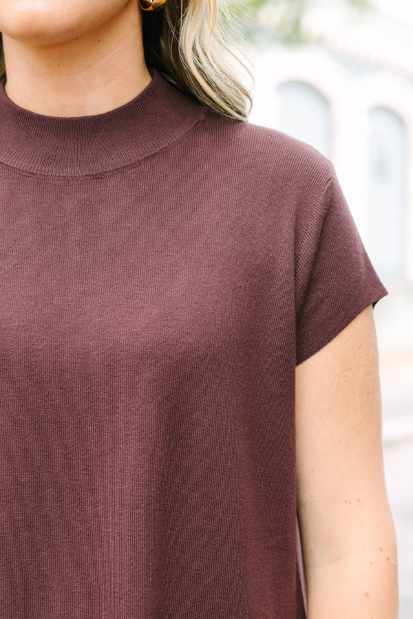 Plus Size brown cap sleeve sweater with a mock neckline in a soft microribbed fabric.