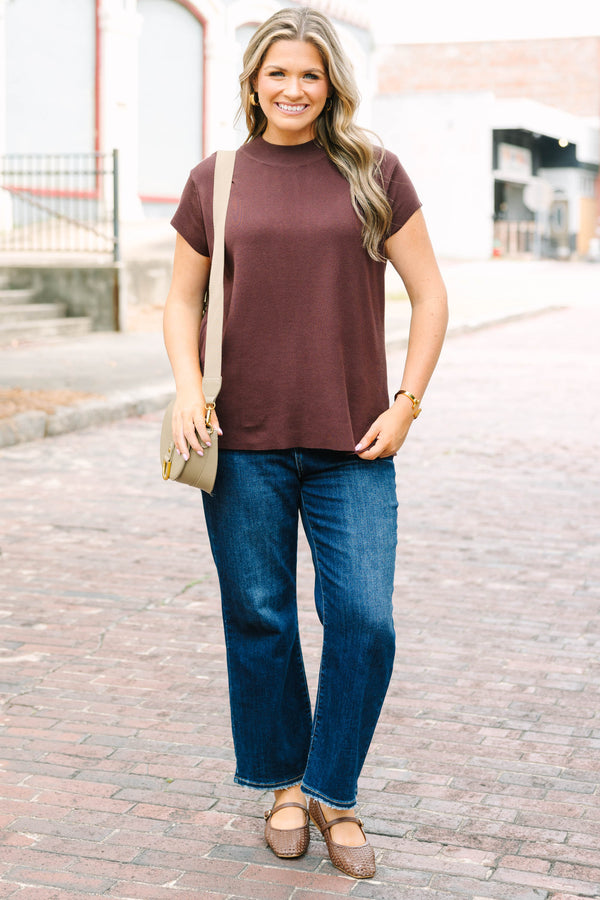 Plus Size brown cap sleeve sweater with a mock neckline in a soft microribbed fabric.