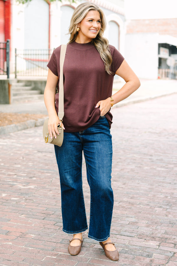 Plus Size brown cap sleeve sweater with a mock neckline in a soft microribbed fabric.