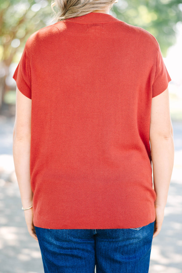 Plus size clothing, rust microribbed short sleeve mock neck sweater