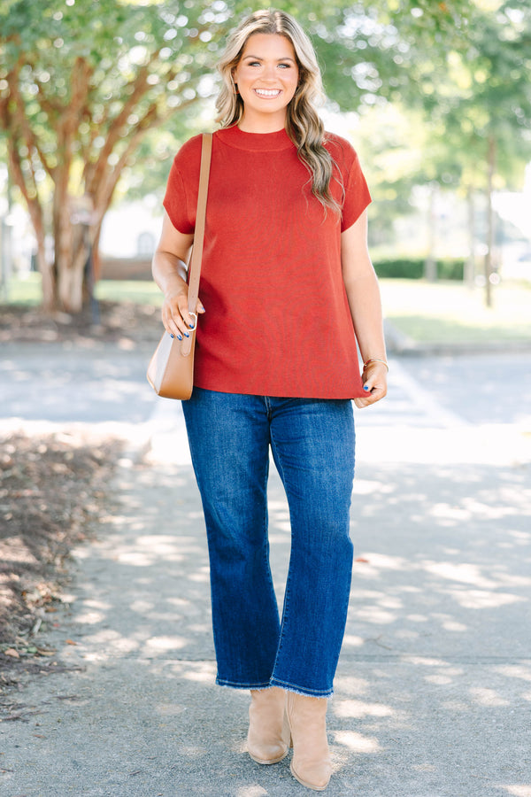 Plus size clothing, rust microribbed short sleeve mock neck sweater