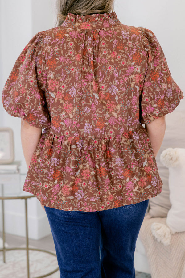 Chic Soul plus size clothing, brown rust red floral short puff sleeve peplum button up collar top
