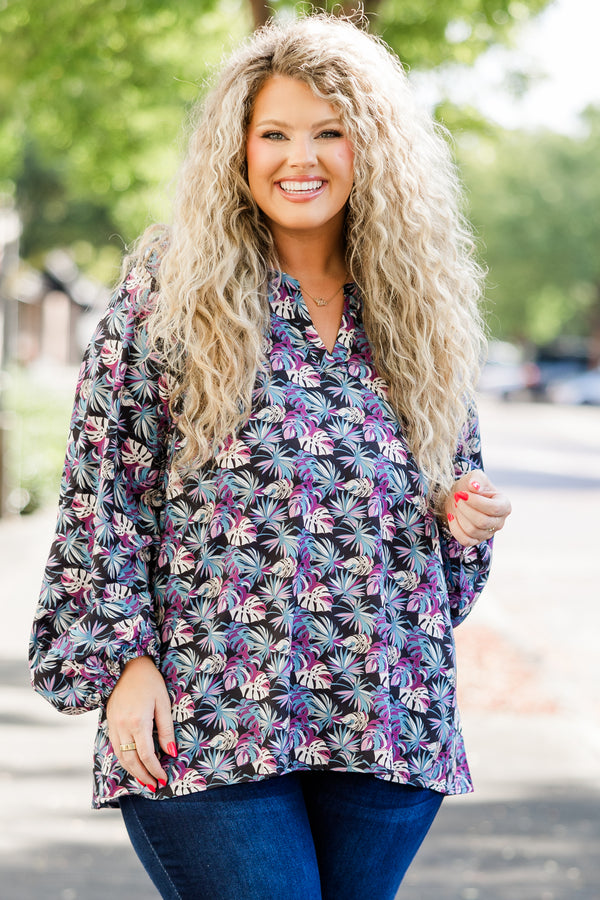 Chic Soul plus size clothing, long-sleeve black top with v-neckline and blue and purple tropical floral pattern