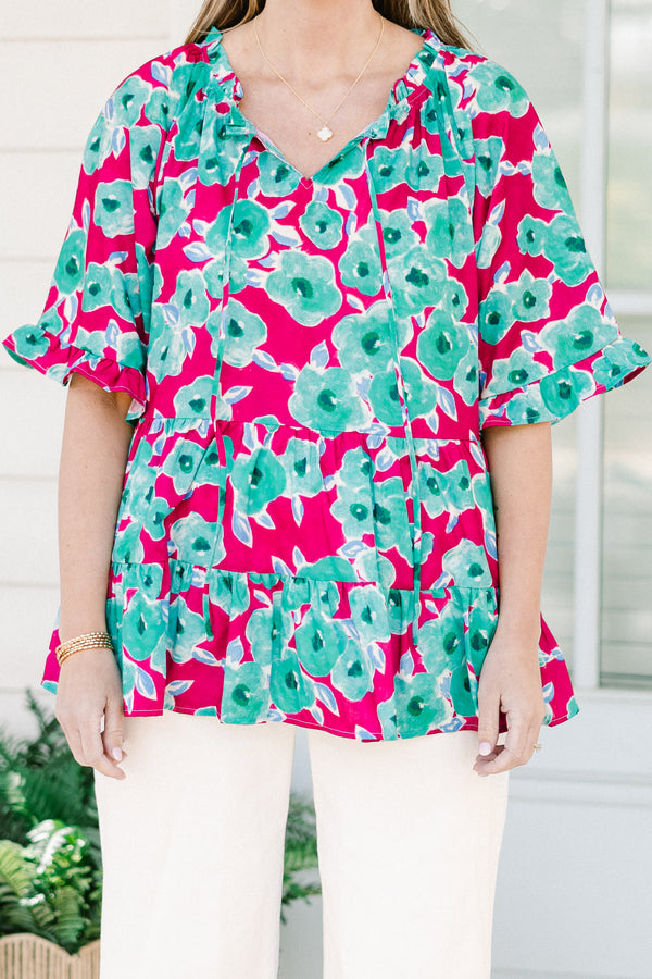 Chic soul plus size clothing, multi-colored blue and pink babydoll top with short sleeves and a floral print 