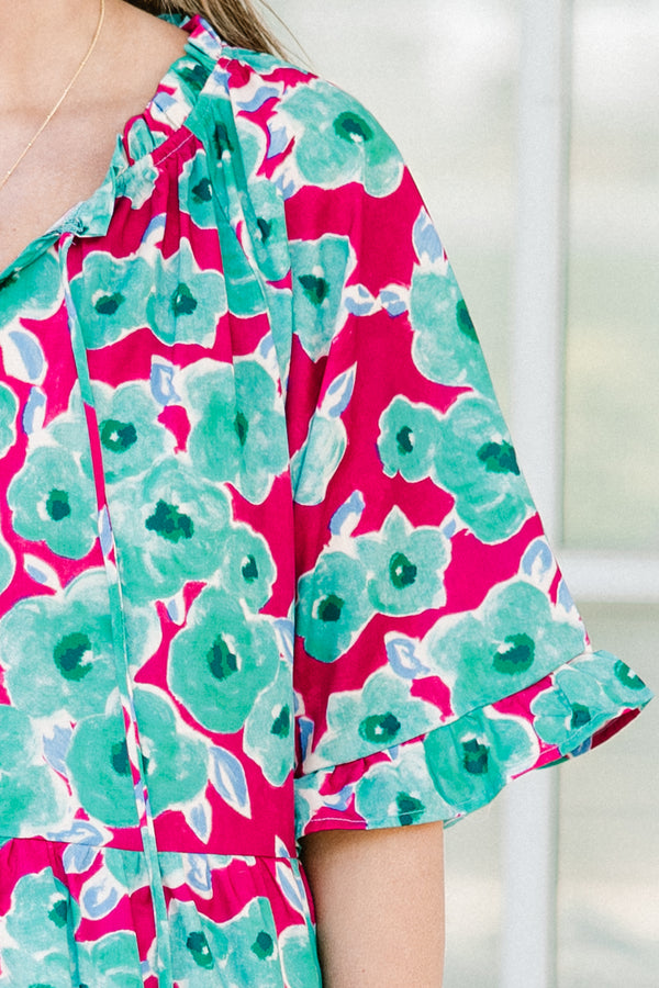 Chic soul plus size clothing, multi-colored blue and pink babydoll top with short sleeves and a floral print 
