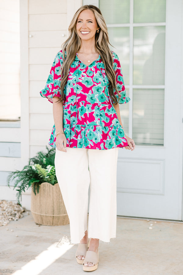 Chic soul plus size clothing, multi-colored blue and pink babydoll top with short sleeves and a floral print 
