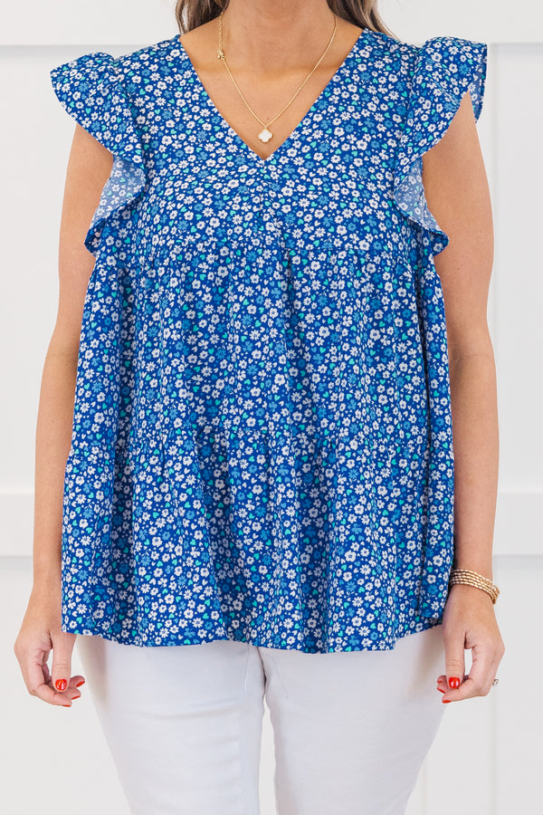 Chic Soul Plus Size Clothing, royal blue ditsy floral flutter short sleeve top