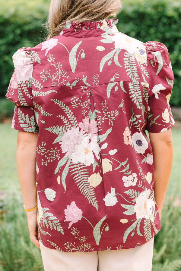 Plus Size burgundy floral button-down top with puff short sleeves and a high collar.