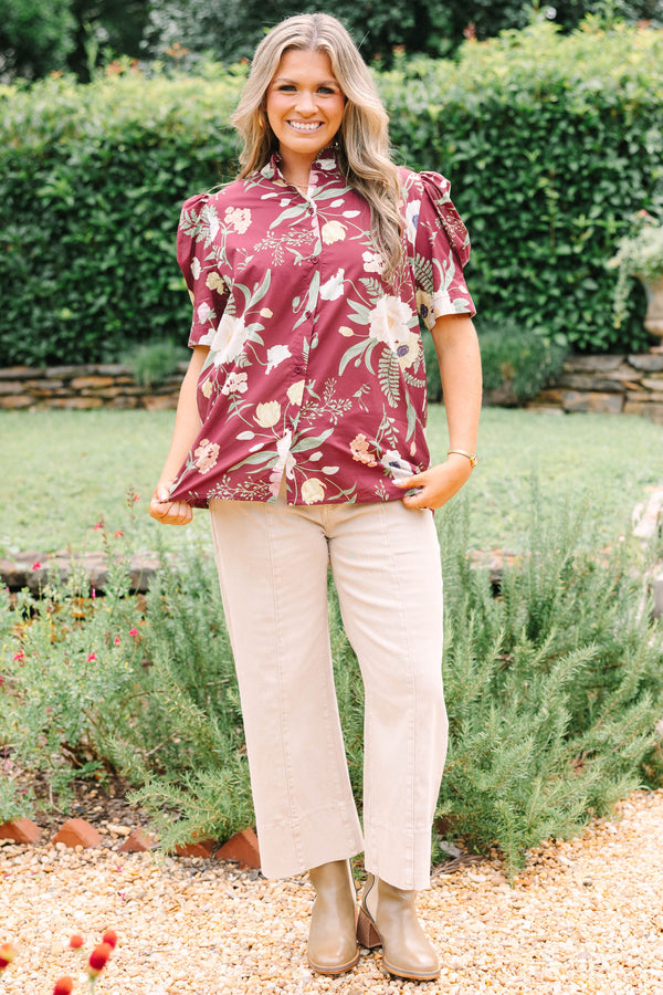 Plus Size burgundy floral button-down top with puff short sleeves and a high collar.