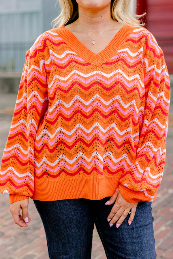 Chic Soul plus size clothing, orange and pink chevron loose knit v neck sweater 