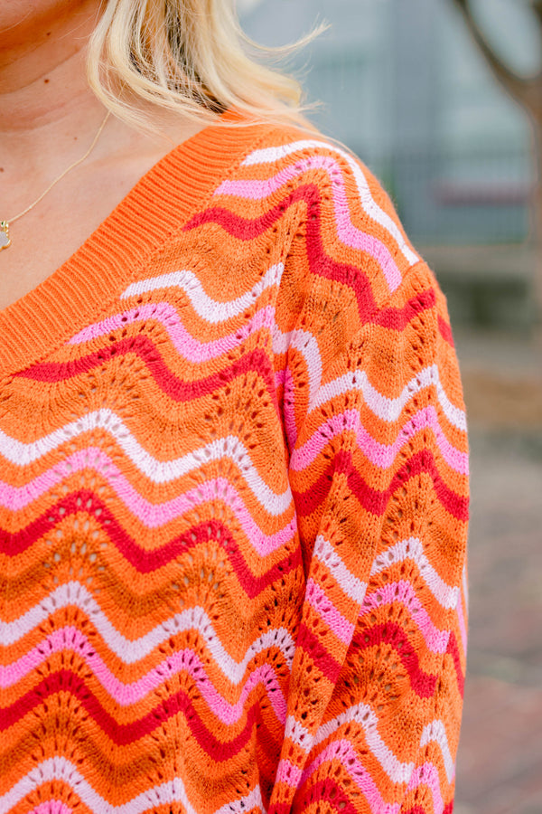 Chic Soul plus size clothing, orange and pink chevron loose knit v neck sweater 
