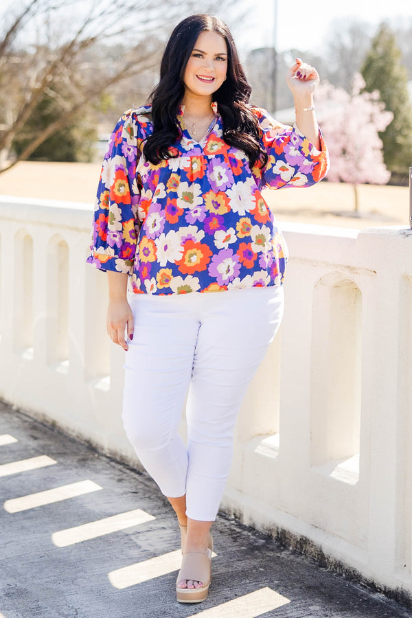 Chic Soul plus size clothing, three quarter length sleeve navy-purple top with cuff sleeves and v cutout along neckline with large multi floral print