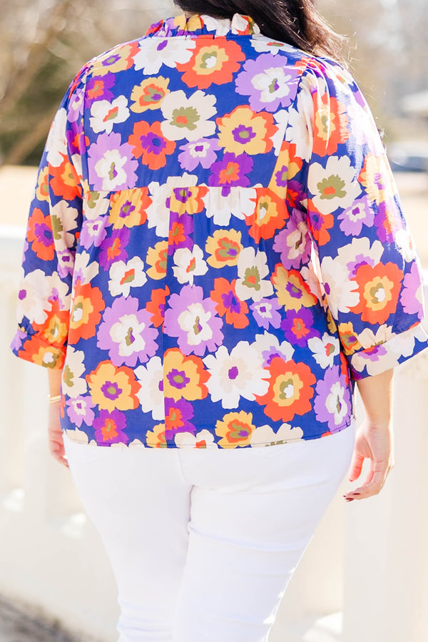 Chic Soul plus size clothing, three quarter length sleeve navy-purple top with cuff sleeves and v cutout along neckline with large multi floral print