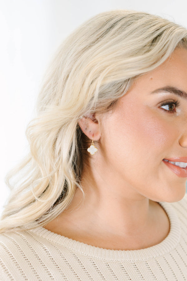 Golden Bloom Earrings, gold-trimmed white clover dangles with mother-of-pearl inlay.