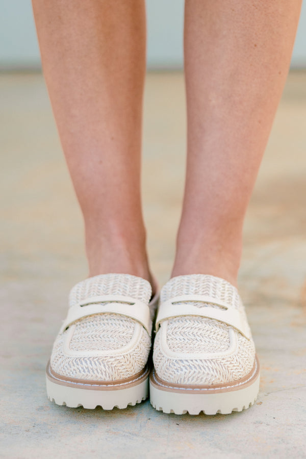 Chic Soul plus size clothing, natural colored mules with a woven pattern and a strap detail across the foot 
