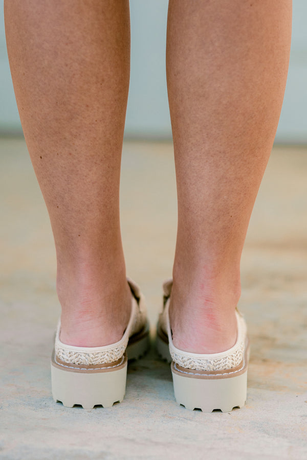 Chic Soul plus size clothing, natural colored mules with a woven pattern and a strap detail across the foot 