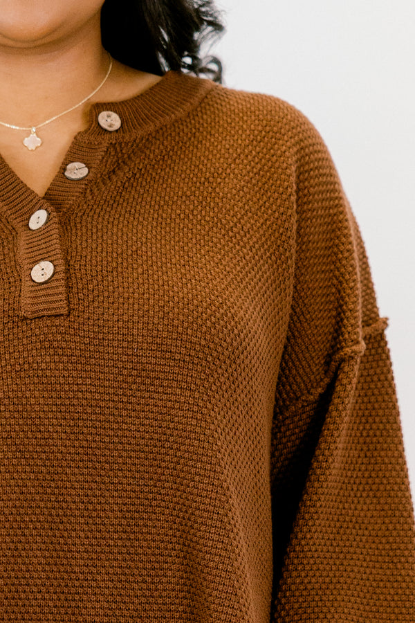 Chic Soul Plus size Clothing, brown set with pants and a long sleeve top that have a waffle knit texture and the the top has buttons going down to the chest