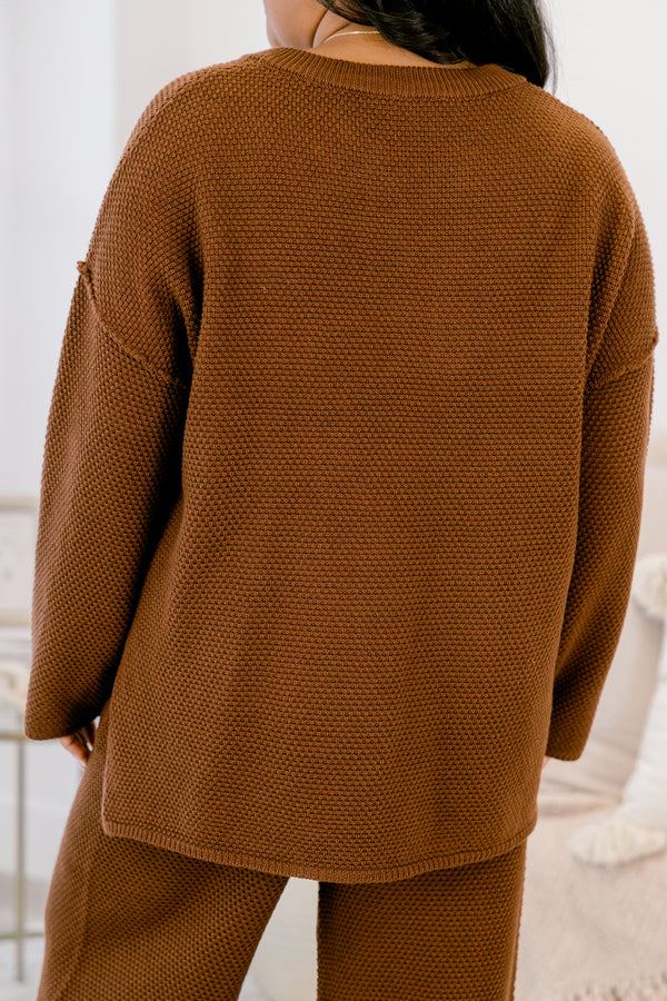 Chic Soul Plus size Clothing, brown set with pants and a long sleeve top that have a waffle knit texture and the the top has buttons going down to the chest