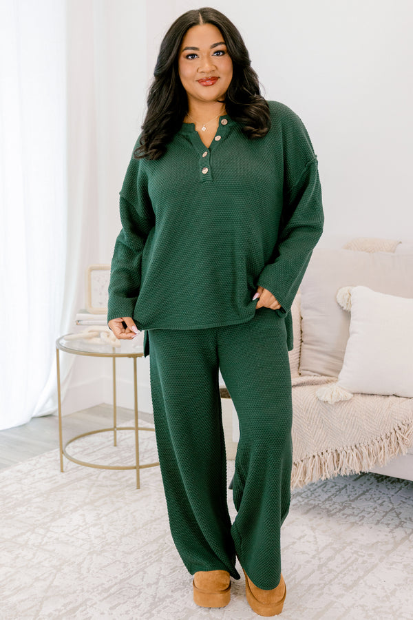 Chic Soul Plus size Clothing, hunter green set with pants and a long sleeve top that have a waffle knit texture and the the top has buttons going down to the chest