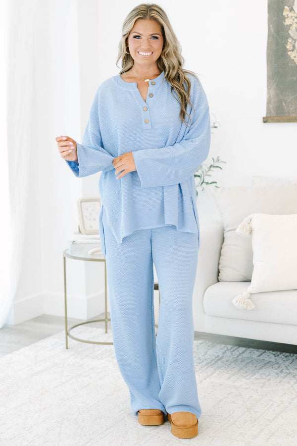 Long sleeve waffle knit blue set with matching pants and elastic waistband