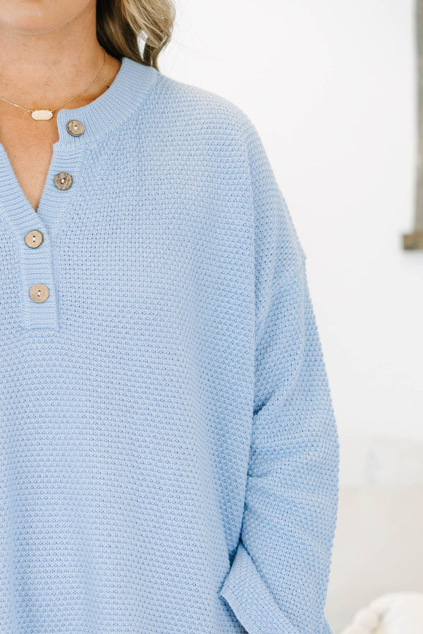 Long sleeve waffle knit blue set with matching pants and elastic waistband
