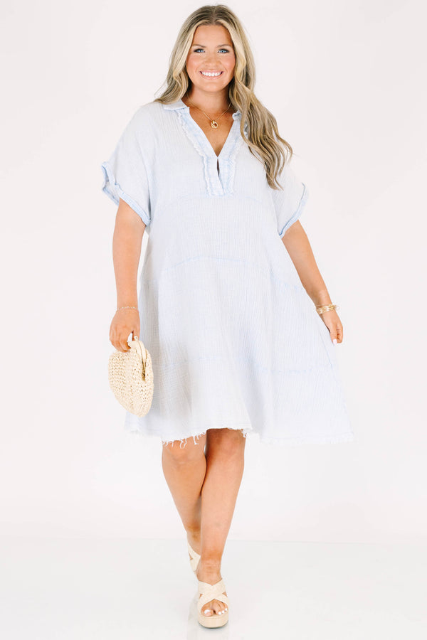 Chic Soul plus size clothing, short sleeve distressed denim blue baby doll dress with collar and v-neckline and darker blue stitching details