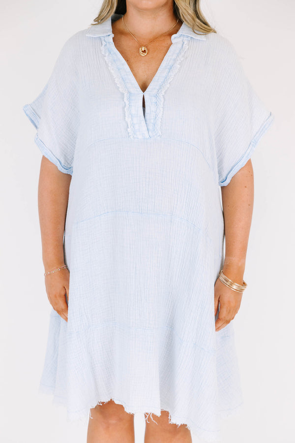 Chic Soul plus size clothing, short sleeve distressed denim blue baby doll dress with collar and v-neckline and darker blue stitching details