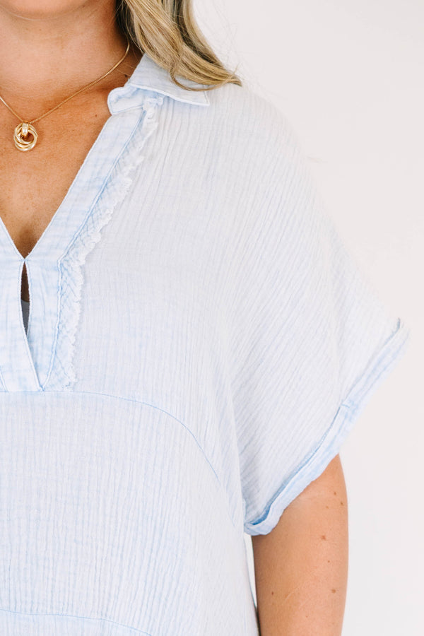 Chic Soul plus size clothing, short sleeve distressed denim blue baby doll dress with collar and v-neckline and darker blue stitching details
