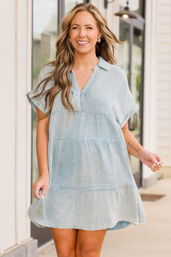 Chic Soul plus size clothing, short sleeve distressed denim blue baby doll dress with collar and v-neckline and darker blue stitching details