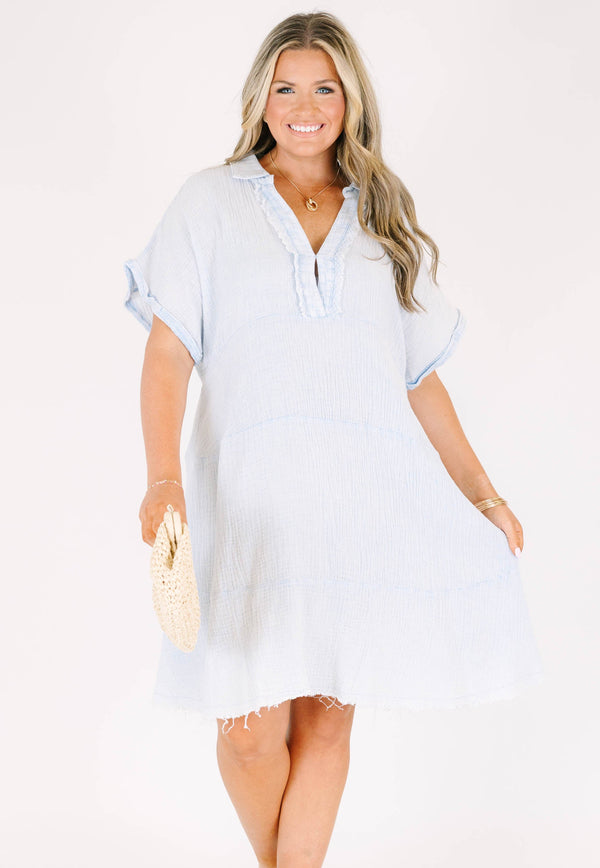 Chic Soul plus size clothing, short sleeve distressed denim blue baby doll dress with collar and v-neckline and darker blue stitching details