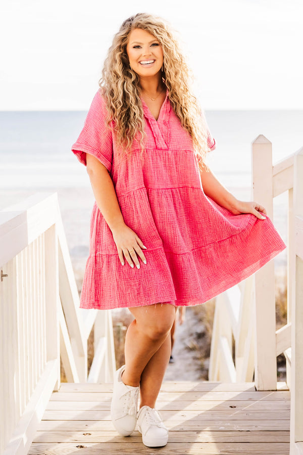 Chic Soul plus size clothing, hot pink mineral wash mini dress with short sleeves and v neckline