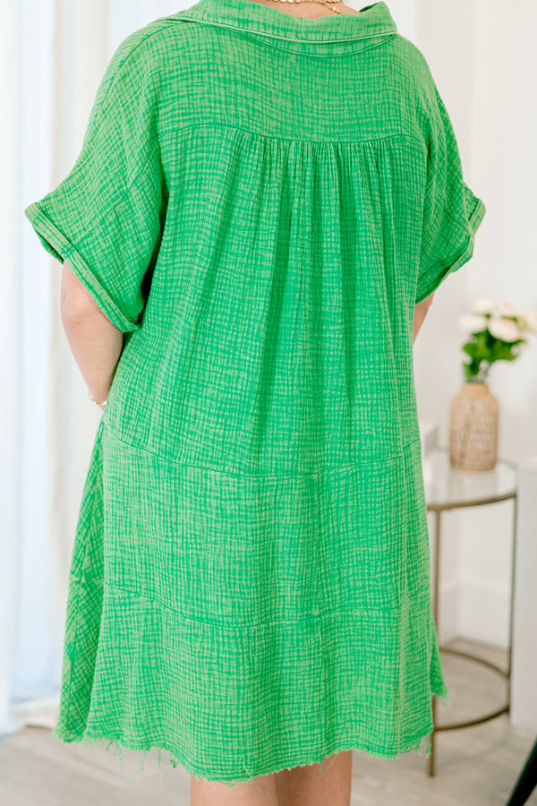 Chic Soul plus size clothing, kelly green short sleeve v-neck casual dress with distressed hem