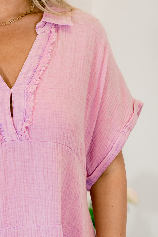 Chic Soul Plus size clothing, lavender short sleeve distressed dress with fringe details at the bottom of the dress, and cuffs on the sleeves 
